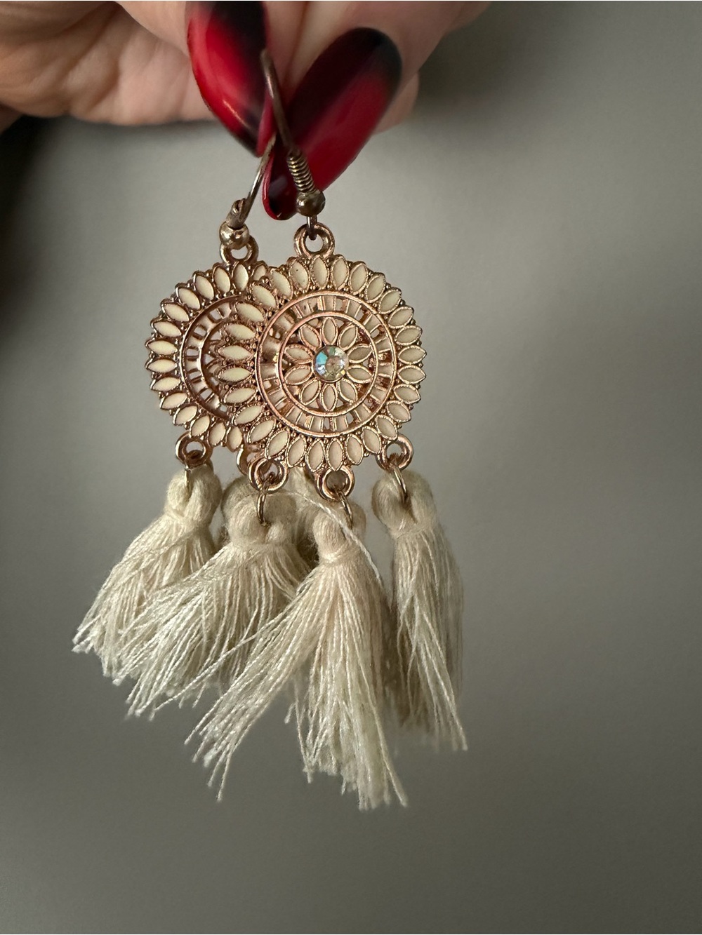 Boho Gold-Tone Floral Disc Earrings with Cream Tassels
